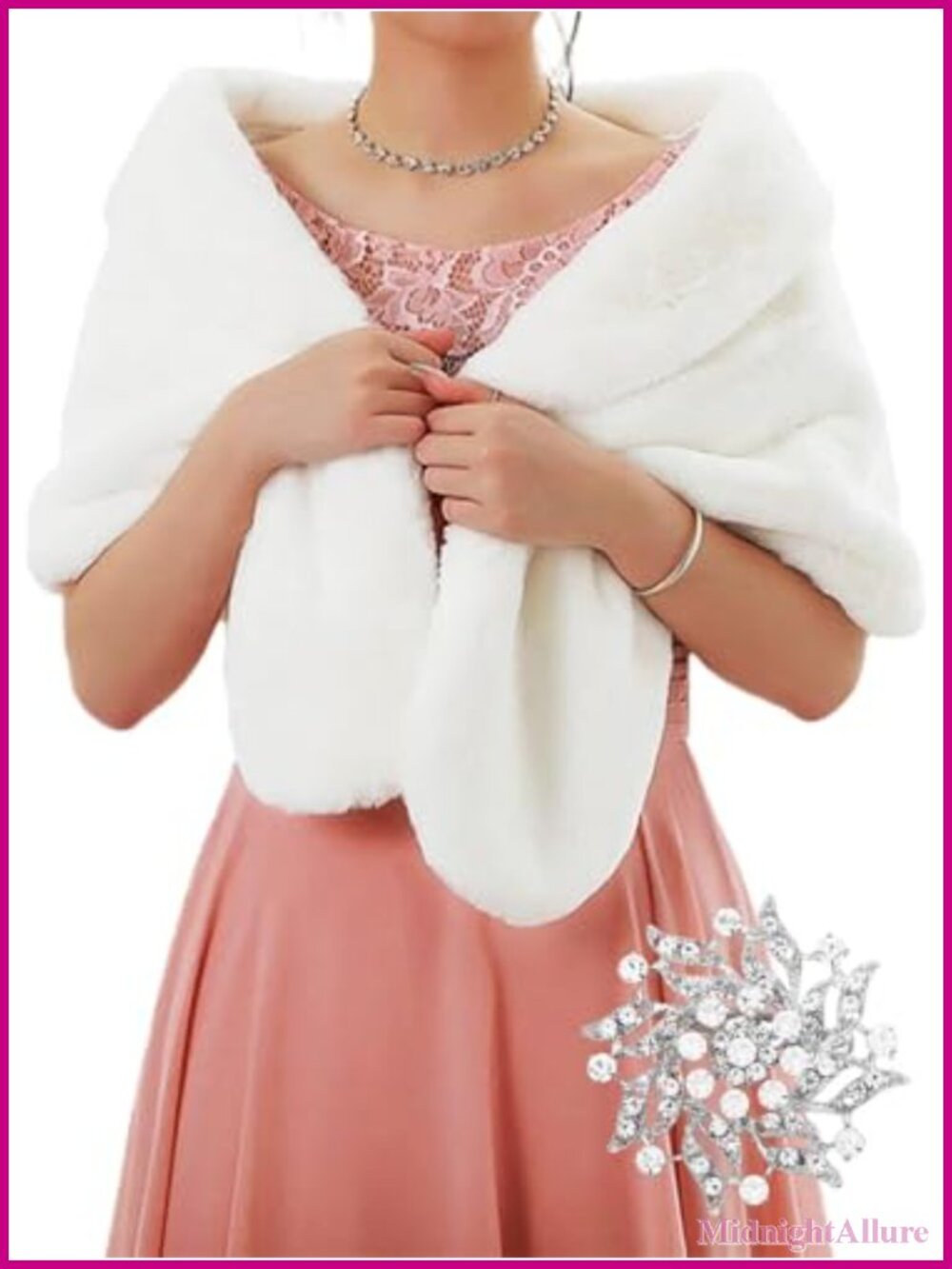 Faux Fur Wedding Shawl Wrap with Rhinestone Brooch Stole for Bride Bridesmaids